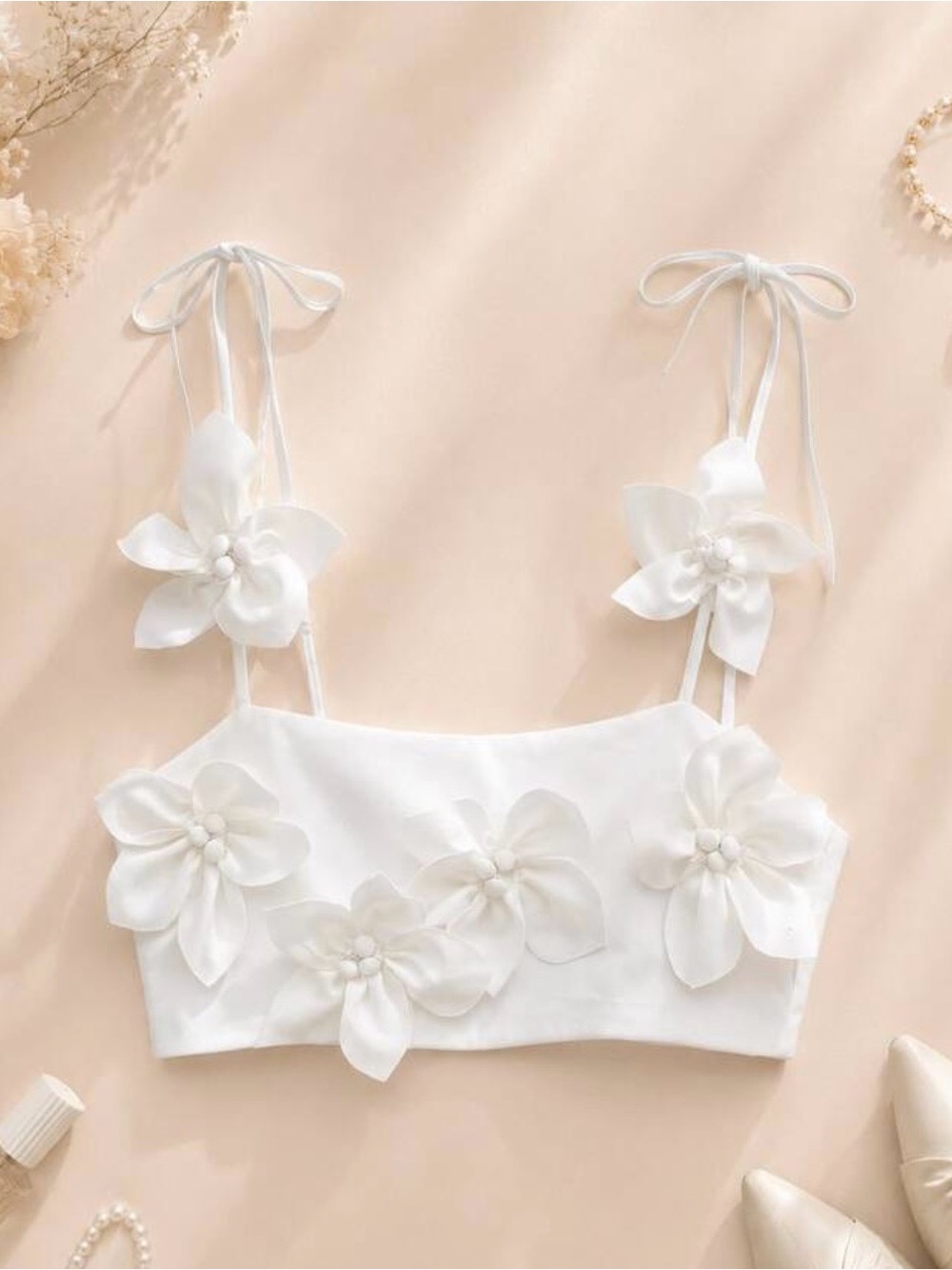 SHEIN White 3D Floral Tie-Strap Crop Top